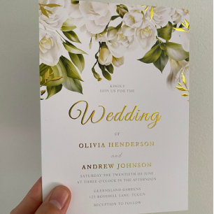 Schöne weiße Blumenhochzeit Goldene Folieneinladung