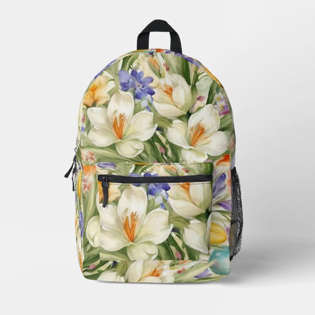 Schöne weiße Crocuses, С Frühlingsblumen Bedruckter Rucksack (Vorderseite)
