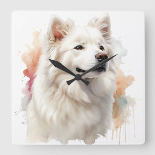 SCHÖNE WEISSE FLÜFFE SAMOYED HUND QUADRATISCHE WANDUHR