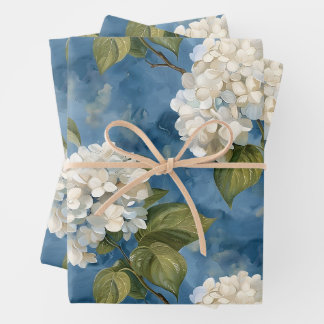 Schöne weiße Hydrangea auf blau Geschenkpapier Set