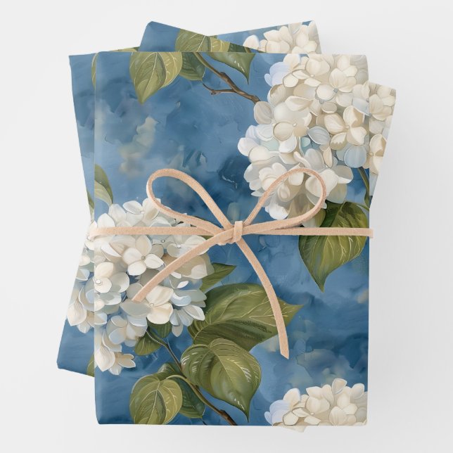 Schöne weiße Hydrangea auf blau Geschenkpapier Set (Beispiel)