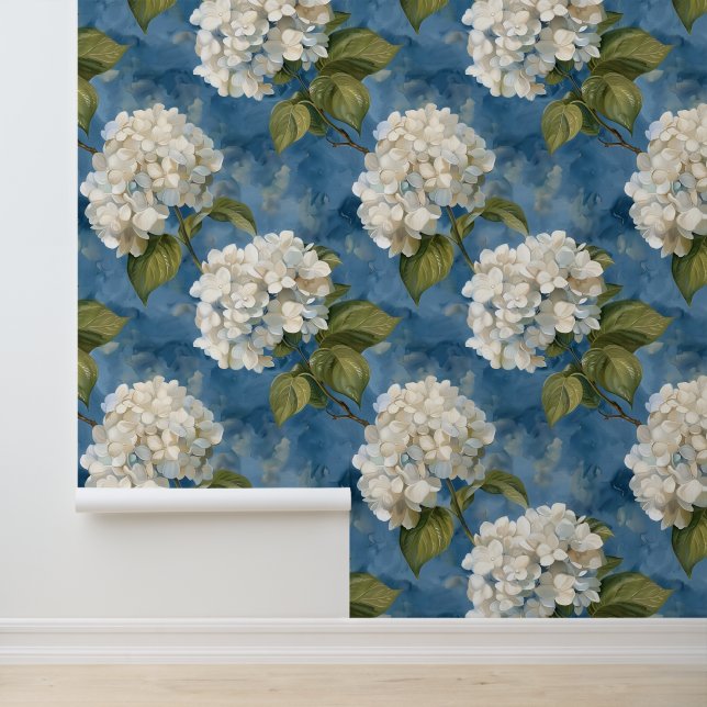 Schöne weiße Hydrangea auf blau Tapete (Anwendung)