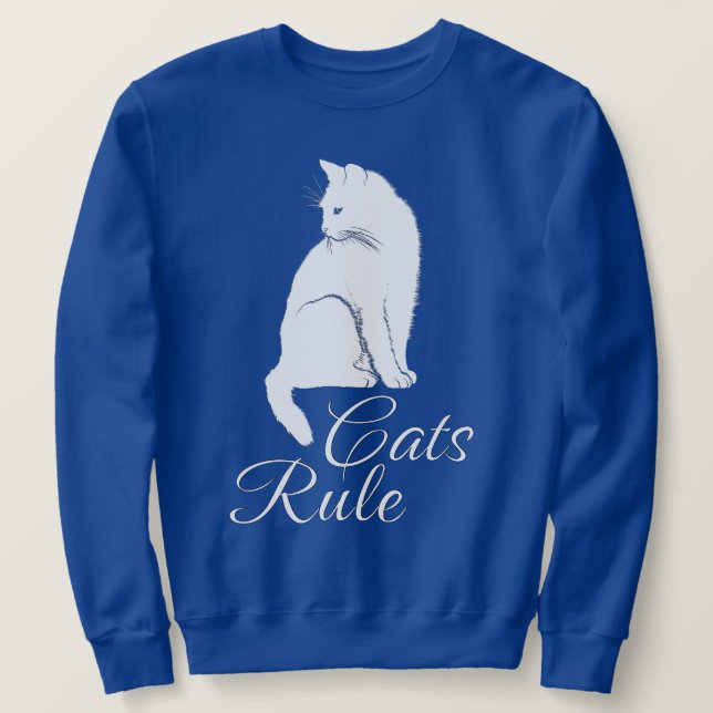 Schöne weiße Katze mit "Cats Rule" Text Sweatshirt (Design vorne)