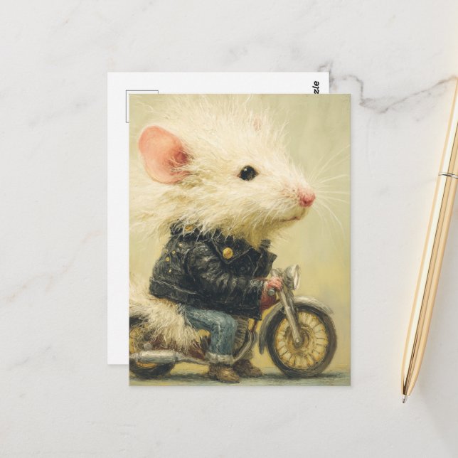 Schöne weiße Maus auf einem Motorrad Postkarte (Vorderseite/Rückseite Beispiel)