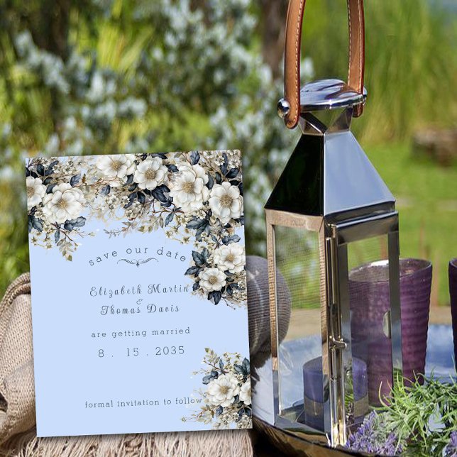 Schöne weiße Rosen Vines Blau Blätter Save The Date (Von Creator hochgeladen)