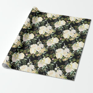 Schöne weiße Rosen Wasserfarben auf Schwarz Geschenkpapier