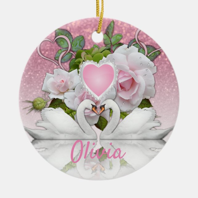 Schöne weiße Schwäne - personalisieren Keramik Ornament (Vorne)