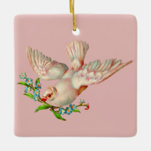 schöne weiße Taube mit Sprig im Mund Keramikornament