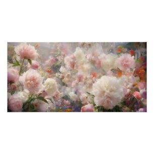 Schöne weiße und rosa Pfingstrosen-Aquarellmalerei Poster
