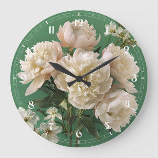 Schöne weiße und rosa Pfingstrosen auf grünem Hint Große Wanduhr