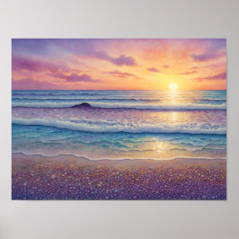 Schöne Wellen am Strand und Kunst am Ufer Poster