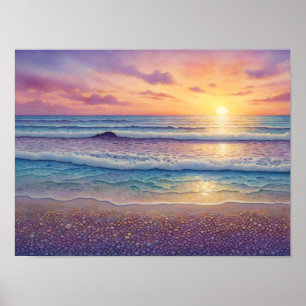 Schöne Wellen am Strand und Kunst am Ufer Poster