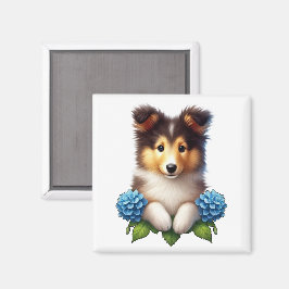 Schöne Welpe mit blauen Blumen Magnet