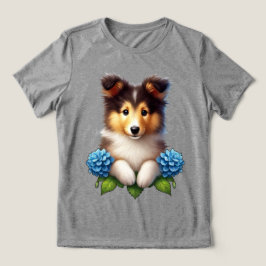 Schöne Welpe mit blauen Blumen Tri-Blend Shirt