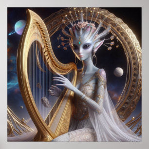 Schöne Weltraum-Alien-Frau spielt Harfe Poster