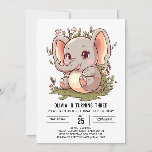 Schöne Whimsical Elephant Digital Geburtstag Einladung (Vorderseite)
