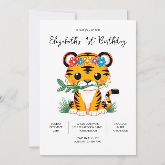 Schöne Whimsical Tiger 1. Geburtstag Digital Einladung (Vorderseite)