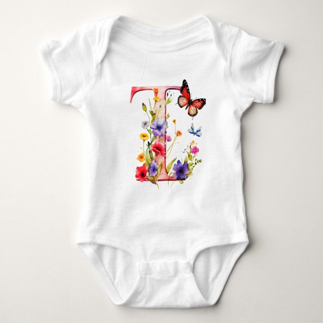 Schöne Wildblumen-Schmetterlings-Monogramm Baby Strampler (Vorderseite)