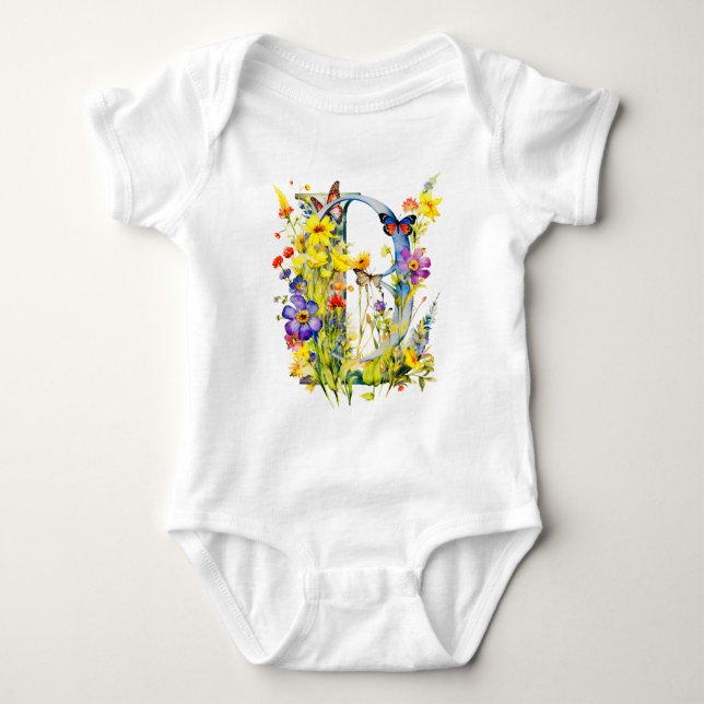 Schöne Wildblumen-Schmetterlings-Monogramm Baby Strampler (Vorderseite)