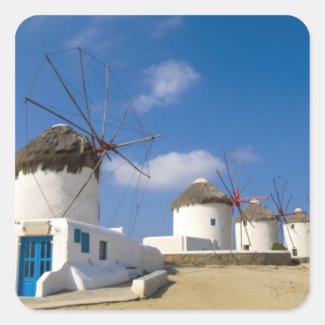 Schöne Windmühlen auf Mykonos, Quadratischer Aufkleber (Vorderseite)