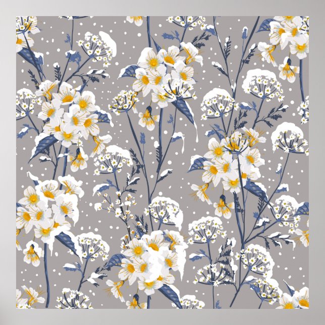 Schöne Winter-Blume blühend im Schnee delig Poster (Vorne)