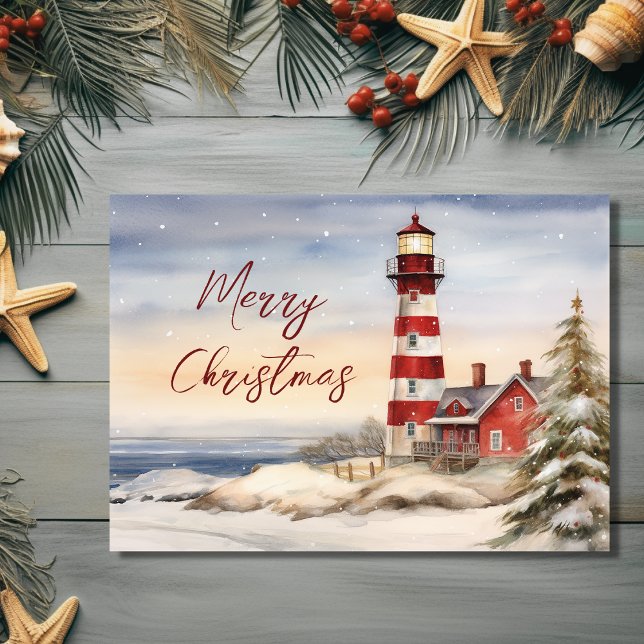 Schöne Winter Lighthouse Szene Frohe Weihnachten (Front - Beautiful Winter Lighthouse Scene Merry Christmas Holiday Card)