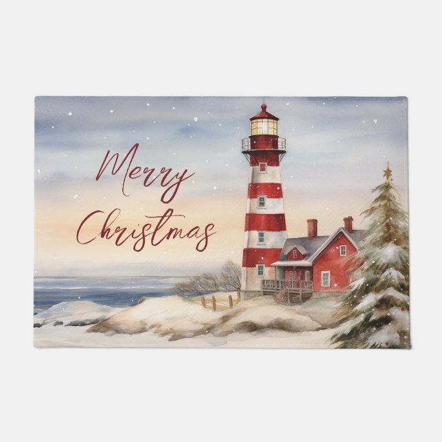 Schöne Winter Lighthouse Szene Frohe Weihnachten Fußmatte (Vorderseite)