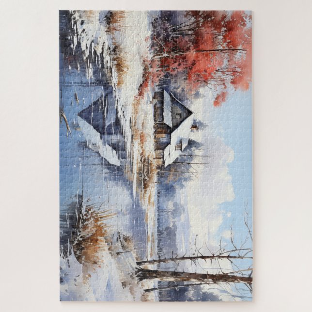 Schöne Winterhütte Wasserfarben-Skizze Puzzle (Vertikal)