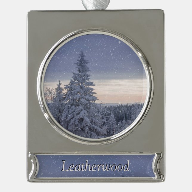 Schöne Winterlandschaft Persönlich Banner-Ornament Silber (Vorderseite)