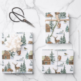 Schöne Wintertiere in einer rustikalen Hütte Geschenkpapier Set
