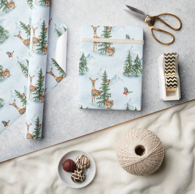 Schöne Wintertiere junge Hirschtornvögel Geschenkpapier (Kunsthandwerk)