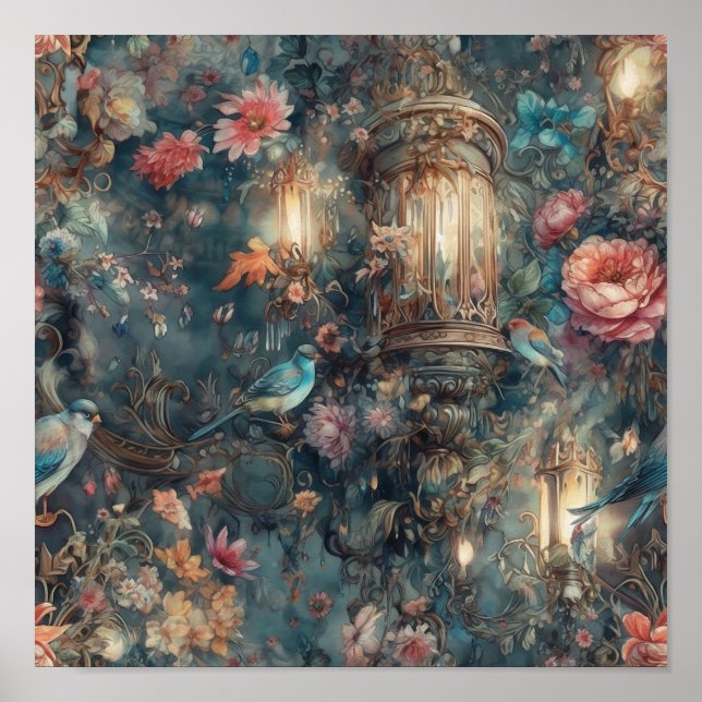 Schöne Zeit Rokoko Garten Vögel und Blume Poster (Vorne)