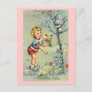 Schönen Festtag, Französische Karte, Kind mit Blum Postkarte