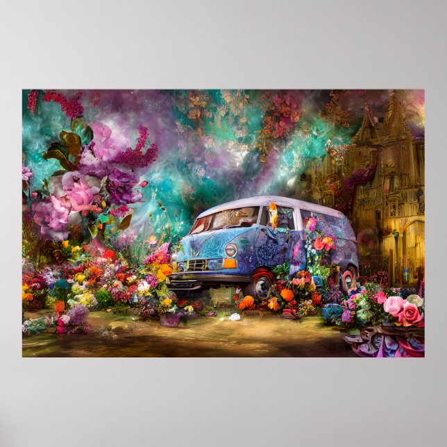 Schöner alter aquamariner Combi-Van mit bunter Blu Poster (Vorne)