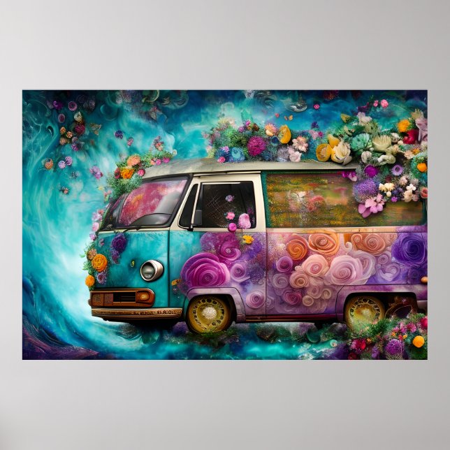 Schöner alter aquamariner Combi-Van mit bunter Blu Poster (Vorne)