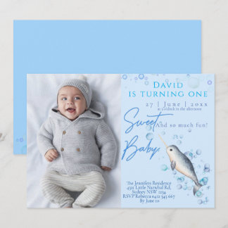 Schöner Baby-Junge Narwhal 1. Geburtstag Party Einladung
