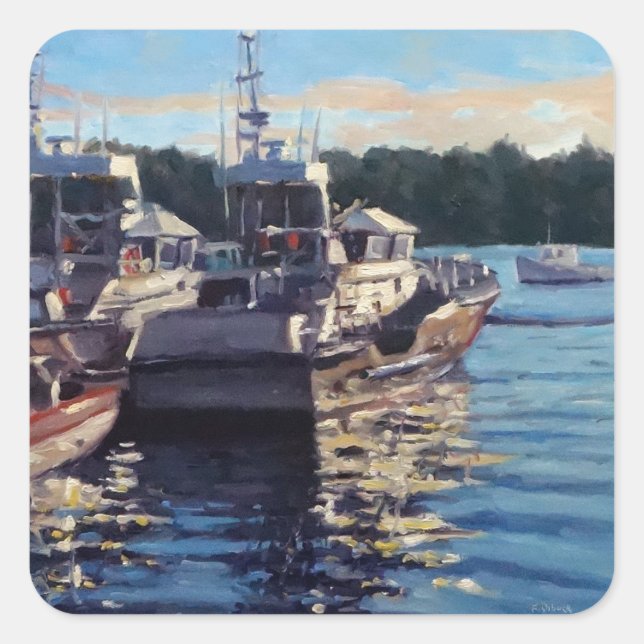 Schöner Bass Harbour Maine Fishing Boat Scene Quadratischer Aufkleber (Vorderseite)