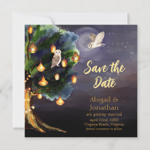 Schöner Baum mit Laternen, Mond, Eulen-Hochzeit Save The Date