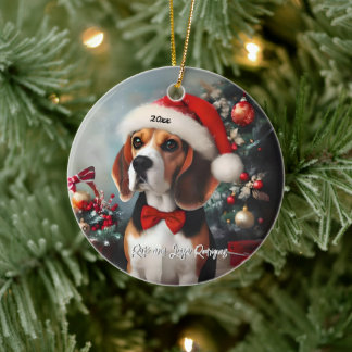 Schöner Beagle mit Weihnachtsmannmütze Keramik Ornament