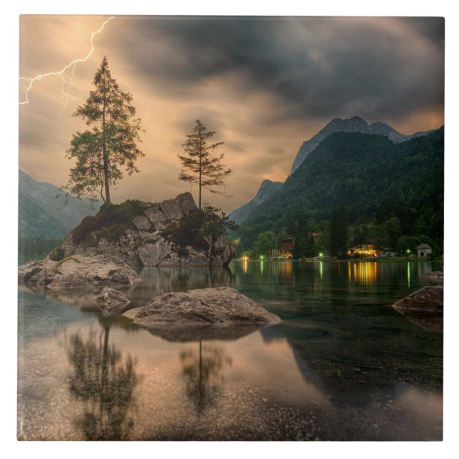 Schöner Bergsee im Abend Foto Fliese (Vorderseite)