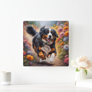 Schöner Berner Hund & Blume Quadratische Wanduhr
