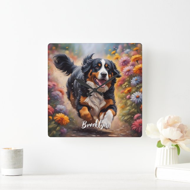 Schöner Berner Hund & Blume Quadratische Wanduhr (Zuhause)