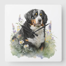 SCHÖNER BERNESHUND MIT BLUME QUADRATISCHE WANDUHR