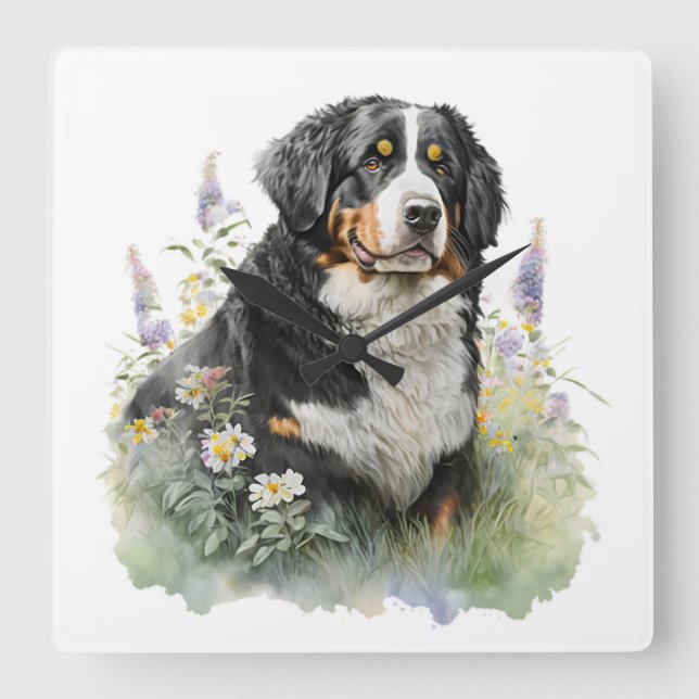 SCHÖNER BERNESHUND MIT BLUME QUADRATISCHE WANDUHR (Vorderseite)