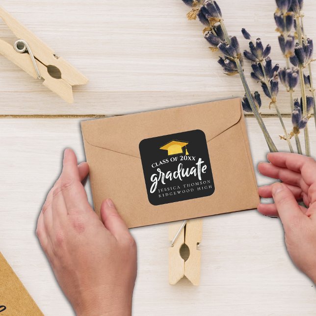 Schöner Black Gold Grad Abschluss 2025 Quadratischer Aufkleber (Beautiful Black Gold Grad Hat 2025 Graduation Square Sticker)
