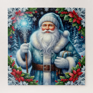 Schöner blau gekleideter Weihnachtsmann mit Winter Puzzle