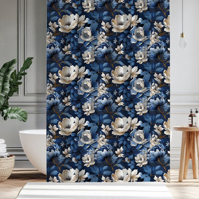 Schöner blauer Elfenbein Blumenbad Duschvorhang (Beautiful Blue Ivory Floral Bath Shower Curtain)