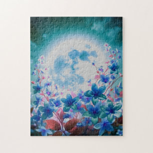 Schöner Blauer Mond mit Blume Puzzle
