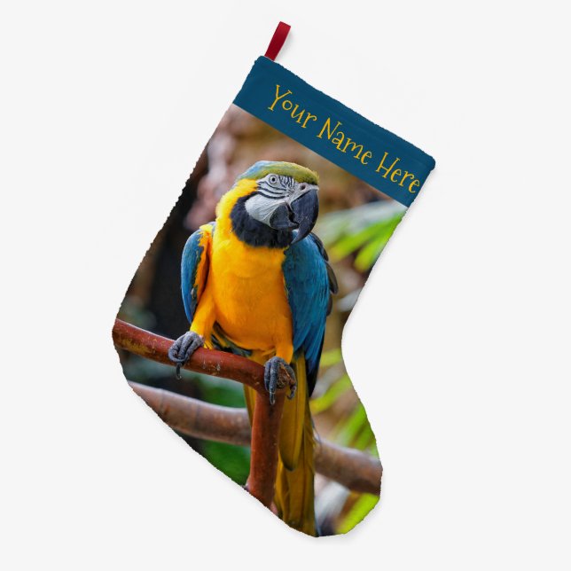 Schöner Blauer Papagei-Vogel Großer Weihnachtsstrumpf (Vorderansicht (hängend))