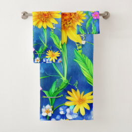 Schöner Blauer Schmetterling in einer Blume Wiese Badhandtuch Set